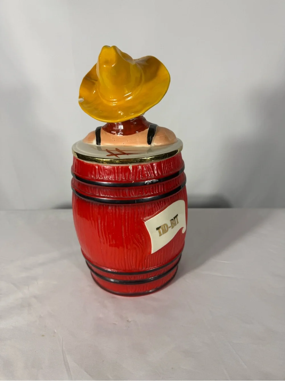 Vintage Cowboy TID-BIT Ceramic Cookie Jar Red Barrel Canister